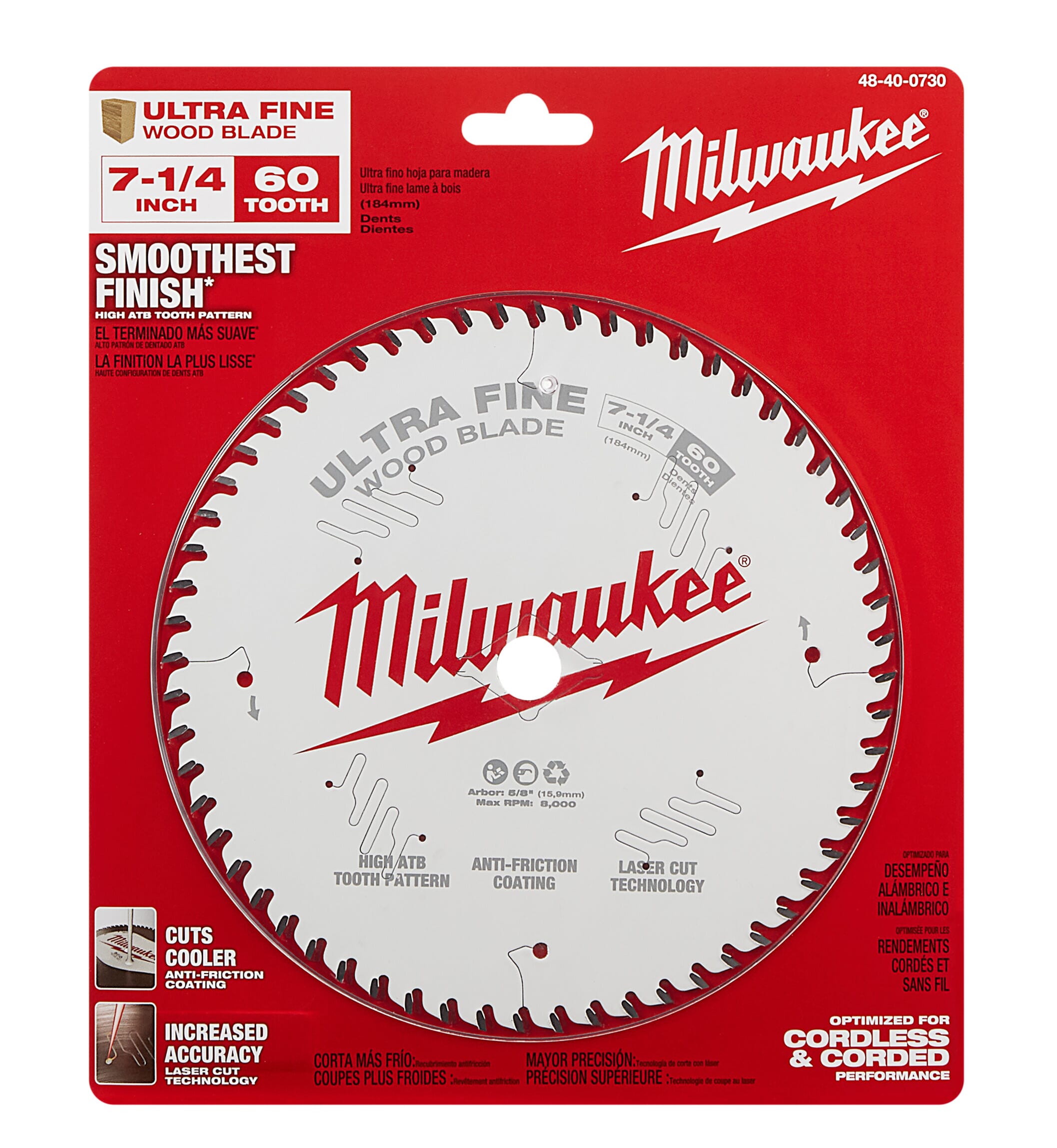 Milwaukee® 48-40-0730 Standard Framing Thin Kerf Ultra Fine Circular Saw Blade, 7-1/4 in Dia x 1.05 in THK, 5/8 in Arbor, Carbide Blade, 60 Teeth